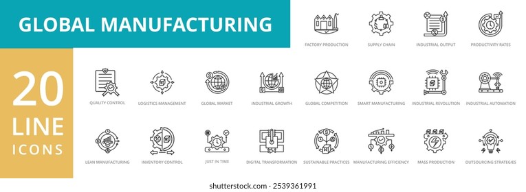 Conjunto de ícones de fabricação global. Conter produção de fábrica, cadeia de fornecimento, produção industrial, produtividade, gerenciamento de logística, mercado global, crescimento, concorrência, automação e controle de qualidade.