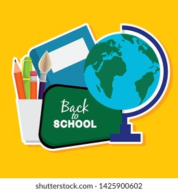global map with blackboard and book with pencils