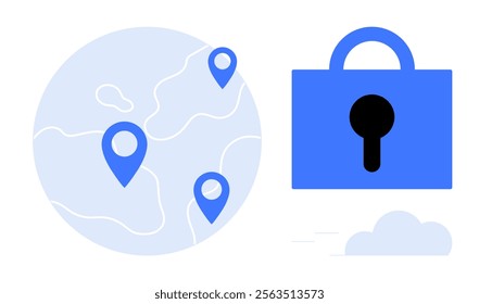 A global map with blue geotag markers beside a blue padlock. Ideal for themes of online security, cybersecurity, data protection, geolocation services, and maps. Vector art, minimalist style, mostly