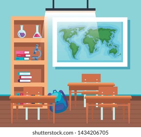 global map with bookcase and desks in the education classroom