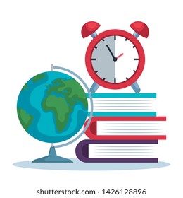global map with books and clock alarm