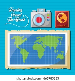 global map with camera and passport