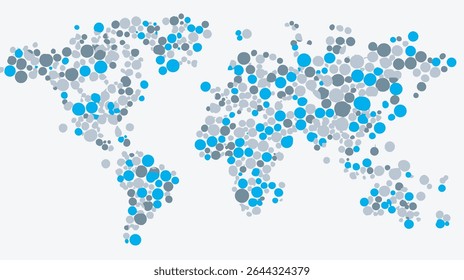 Global map depicts continents using varying circles on clean background