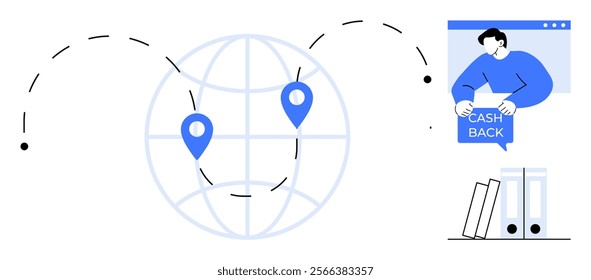 Global map with geotags, dashed connection lines, and a person showing cashback sign. Ideal for online shopping, international business, cashback rewards, global connectivity, e-commerce. Modern