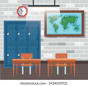 global map with lockers and desk in the classroom