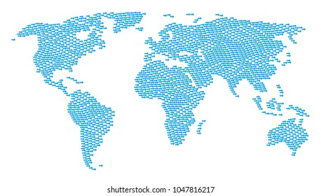 Global map mosaic created of right arrow elements. Vector right arrow elements are combined into conceptual worldwide pattern.