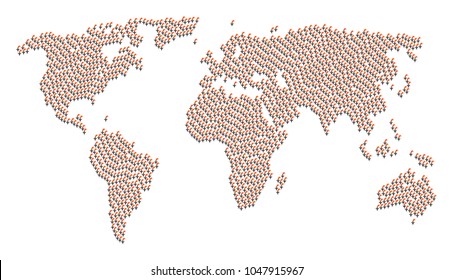 Global map mosaic organized of falling airplane icons. Vector falling airplane icons are combined into conceptual continent atlas.