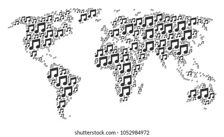 Global map pattern composed of music design elements. Vector music elements are combined into mosaic earth illustration.