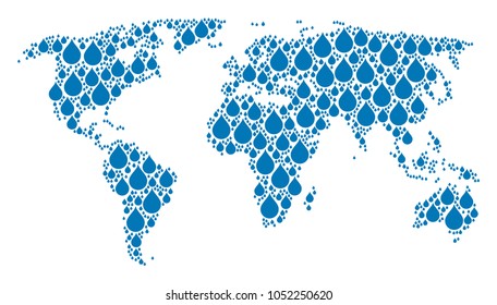 Global Map Pattern Designed Of Drop Pictograms. Vector Drop Design Elements Are United Into Geometric Global Geography Composition.