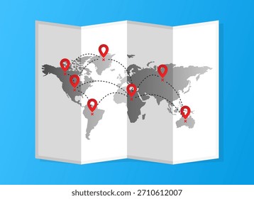 Mapa global con pines de ubicación rojos y rutas de viaje discontinuas, que simbolizan la conexión internacional y la red mundial.