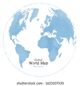 Global map with watercolor texture on white background