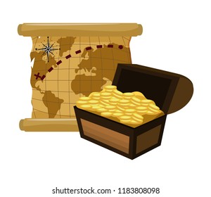 global map and wooden chest with gold coins