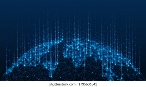 Global map of the world. Data transmission technology. Polygonal model of the globe. Blue background.