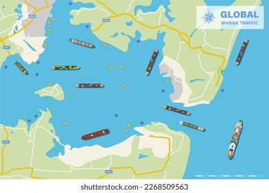 Tráfico marino mundial. Vista superior del mapa en directo de navegación de buques de carga. Plan de transporte industrial. Logística mundial del transporte marítimo. Ilustración del vector