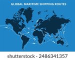 Global maritime shipping routes map. International sea routes for cargo shipping, major ports and trading hubs on world map with cargo ship icons and dashed line paths vector illustration.