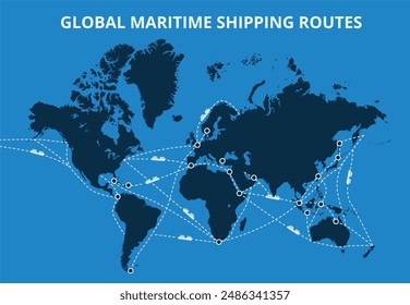 Global maritime shipping routes map. International sea routes for cargo shipping, major ports and trading hubs on world map with cargo ship icons and dashed line paths vector illustration.