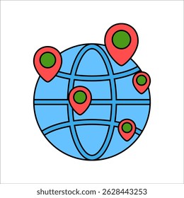 Global Marker Flacher Design-Stil, Globus-Symbol mit roten Positionsmarken, die weltweite Verbindung darstellen, ideal für globale Logistik oder Kommunikation.