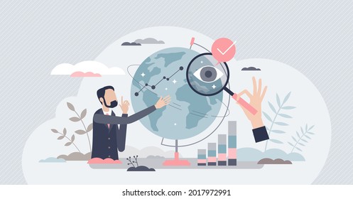 Global market analysis and international financial growth tiny person concept. Finance chart with development tendency as economy progress vector illustration. Statistics and rating review research.