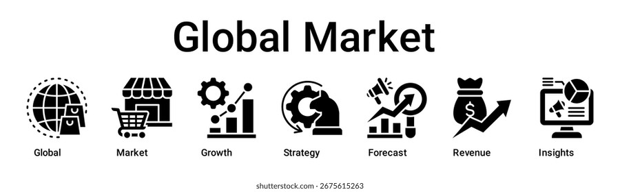 Concepto de Ilustración vectorial de ícono de Web de Anuncio de mercado global para negocios con ícono de Global, Mercado, Crecimiento, Estrategia, Pronóstico, Ingresos.