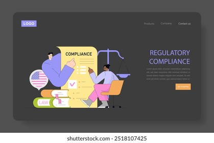 Global Market Expansion concept. Illustration of professionals ensuring regulatory compliance with international standards. Legal document review and global business practice. Vector illustration.
