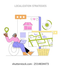Global Market Expansion concept. Strategies for adapting business to local markets and consumer needs. Woman researching on laptop, city map. Vector illustration.