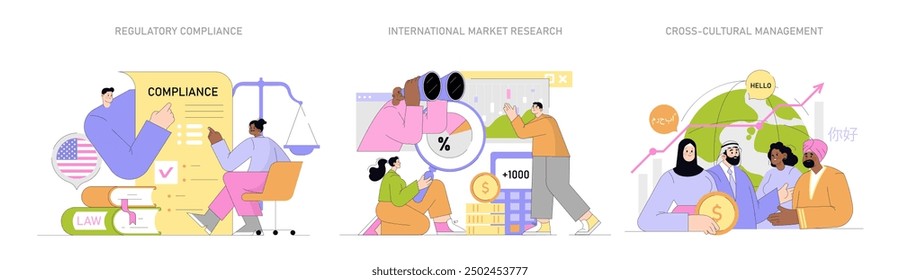 Global market expansion set. Illustrations depict compliance, market research, and cross-cultural team interactions. Captures nuances of international business dynamics. Vector illustration.