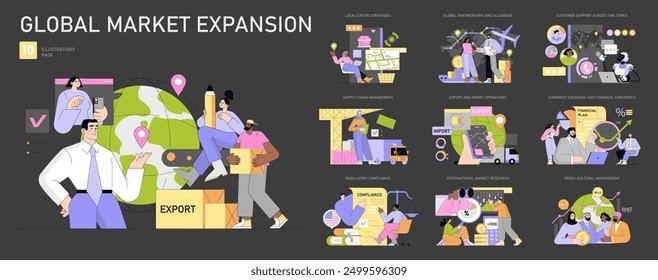 Global Market Expansion set. Strategies for international business growth. Localization, supply chain, compliance, export-import processes, and cross-cultural management. Vector illustration.