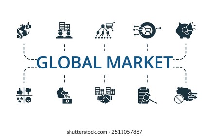 Conjunto de ícones do Mercado Global. Coleção de ícones simples do Mercado Global monocromáticos. Distribuidor, Filial Estrangeira, Moeda Forte, Produtos Industriais, Potencial De Mercado, Análise Swot, Tarifas De Proteção, Estratégico