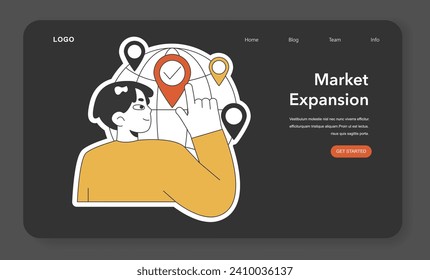 Global market reach concept. A business strategist pinpointing new locations on a globe for company expansion and exploring international opportunities. Worldwide growth. Flat vector illustration