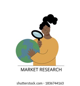 Global market research concept. Vector illustration of a girl looking through magnifying glass on the globe doing market research. 