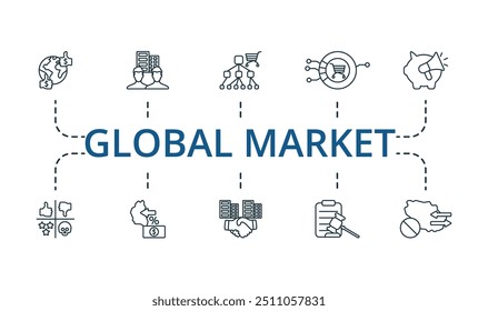 Conjunto de ícones de linha fina do Mercado Global. Coleção de ícones simples do Mercado Global monocromáticos. Distribuidor, Filial Estrangeira, Moeda Forte, Produtos Industriais, Potencial De Mercado, Análise Swot, Tarifas De Proteção