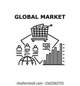 Global Market Vector Icon Concept. Global Market Researching Infographic Income And Sales, Online Purchasing And Worldwide Economy Financial Business. International Management Black Illustration