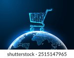 Global market, worldwide commerce, e-commerce, and international trade abstract concept. Shopping cart on Earth on dark blue background. Glowing low polygonal style. Modern design vector illustration