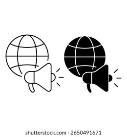 Global marketing communication with internet announcement and worldwide promotion using megaphone broadcast icon vector illustration for digital media set.