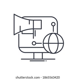 Global marketing management icon, linear isolated illustration, thin line vector, web design sign, outline concept symbol with editable stroke on white background.