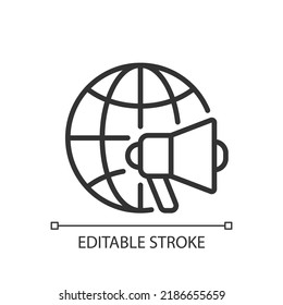Global marketing pixel perfect linear icon. Worldwide market. Attract customers in other countries. Thin line illustration. Contour symbol. Vector outline drawing. Editable stroke. Arial font used