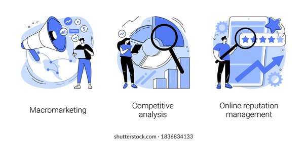 Global marketing strategy abstract concept vector illustration set. Macromarketing, competitive analysis, online reputation management, market analysis, digital image, social media abstract metaphor.