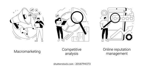 Global marketing strategy abstract concept vector illustration set. Macromarketing, competitive analysis, online reputation management, market analysis, digital image, social media abstract metaphor.