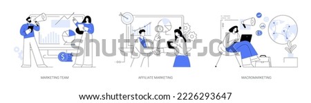 Global marketing strategy abstract concept vector illustration set. Marketing team, target affiliate program, macromarketing, internet promotion campaign, consumer behavior abstract metaphor.