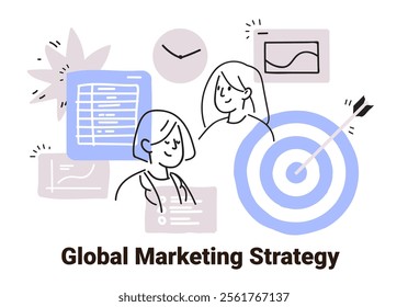 Global marketing strategy concept with people graphs targets and clock in minimalist doodle style business planning elements