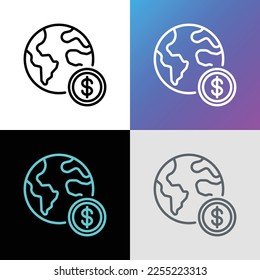 Global marketing thin line icon. Planet with dollar coin. Global economy, worldwide investment. Vector illustration.