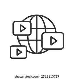 Medios globales, en línea de diseño. Noticias internacionales, comunicación mundial, medios digitales, red de medios, cobertura de noticias, transmisión en Vector de fondo blanco. Icono de trazo editable de medios globales.