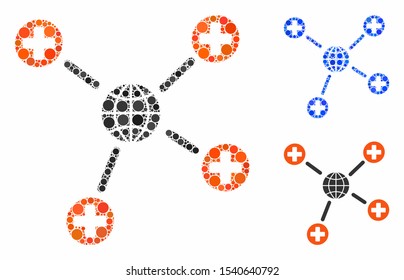 Global medical links composition of small circles in various sizes and color tinges, based on global medical links icon. Vector small circles are grouped into blue collage.