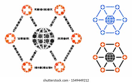 Global medical network composition of filled circles in different sizes and color tones, based on global medical network icon. Vector filled circles are grouped into blue composition.