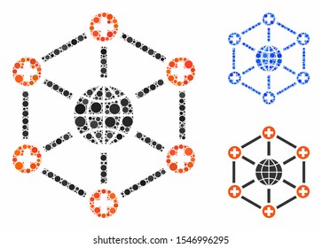 Global medical network mosaic of round dots in variable sizes and shades, based on global medical network icon. Vector round dots are grouped into blue composition.