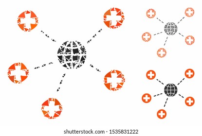 Global medical relations composition of tremulant items in various sizes and color tones, based on global medical relations icon. Vector humpy items are composed into collage.