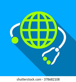 Global Medical Stethoscope long shadow vector icon. Style is a flat light symbol with rounded angles on a blue square background.