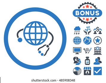 Global Medicine icon with bonus pictogram. Vector illustration style is flat iconic bicolor symbols, smooth blue colors, white background.