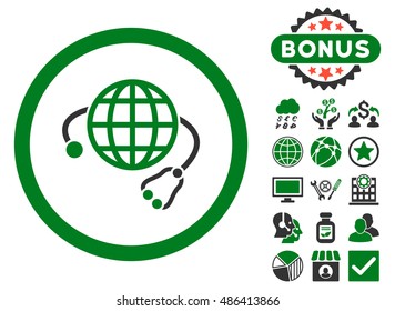 Global Medicine icon with bonus symbols. Vector illustration style is flat iconic bicolor symbols, green and gray colors, white background.
