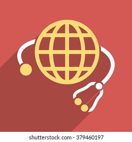 Global Medicine long shadow vector icon. Style is a flat light symbol with rounded angles on a red square background.